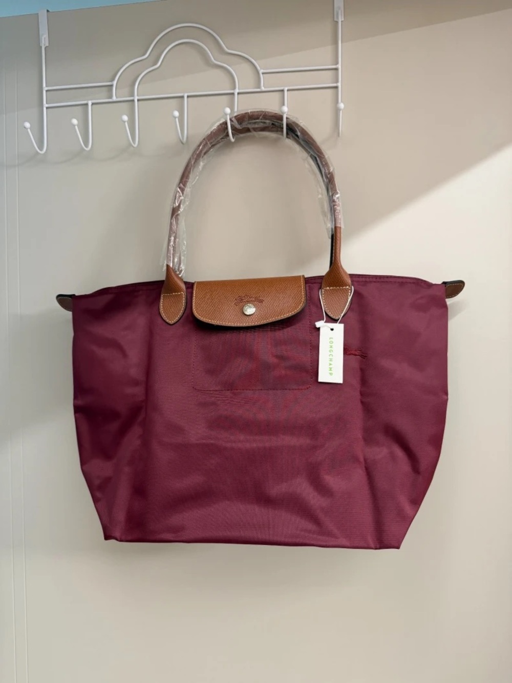 Longchamp Burgundy Tote with Tan Leather Trim